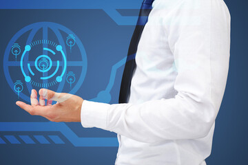 business, people, technology concept. Business man and hand projection.