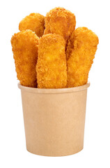 Fish fingers or fish sticks grilled, shallow deep-fried in paper bucket  on white with PNG File.