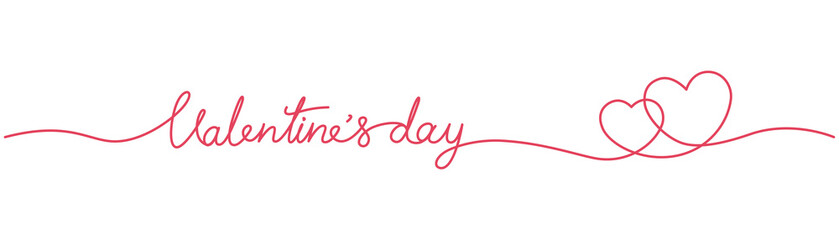 Happy Valentines day banner by lettering continuous single line with two hearts embrace red pink isolated on transparent background.