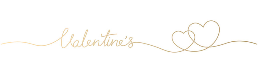 Happy Valentines day banner by lettering continuous single line with two hearts embrace gold gradient isolated on transparent background.