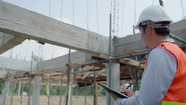 inspector or engineer is inspecting and inspecting constuction or house using a checklist. Engineers and architects or contactor work to build the house before handing it over to the homeowner.