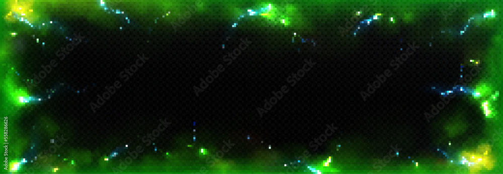 Poster empty frame decorated with neon green toxic smoke and lightning discharges isolated on transparent b