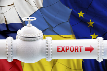 Gas or oil pipeline with Russian, European Union and Ukraine flags on a cracked wall, depicting EU...