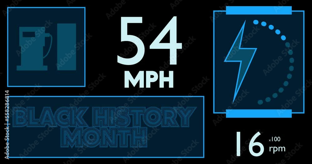 Poster hybrid car dashboard with black history month text. digital graphical user interface animation.