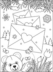 Valentine's Day coloring page for children or adults with cute teddy bear and flock of envelops
