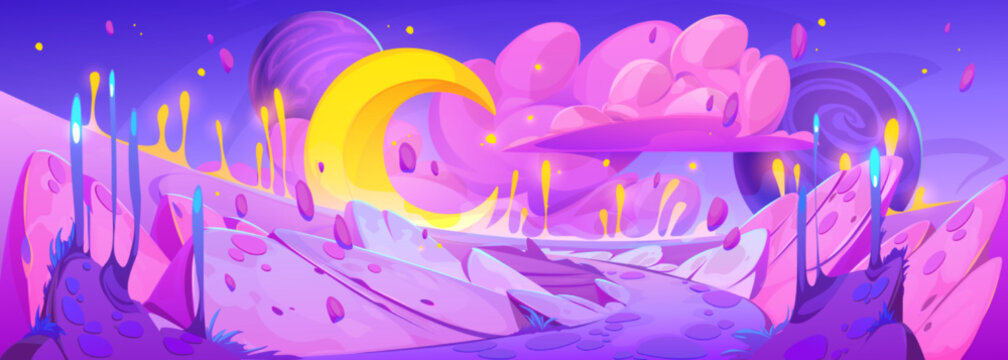Fantasy pink planet surface. Cartoon vector illustration of magic space landscape with road and plants, yellow moon, fantastic stars, fluffy clouds on horizon. Dream galaxy game background design