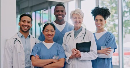 Hospital, portrait and team of medical doctors standing in the lobby with a tablet before a meeting. Teamwork, smile and happy professional healthcare workers in collaboration in a medicare clinic. - Powered by Adobe