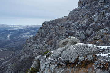 Bizarre rocks of Valley of ghosts on Mount Demerdzhi in spring. Crimea