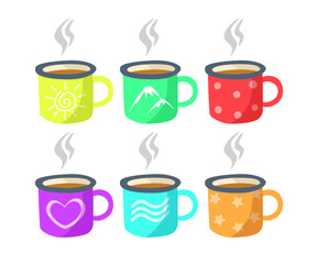 Drinks in mugs with different symbols vector illustrations set. Cartoon drawings of colorful cups with sun, mountain, heart, star, wave designs on white background. Kitchenware, beverage concept