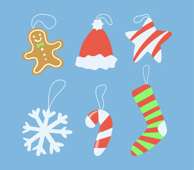 Christmas ornaments on strings vector illustrations set. Cartoon drawings of xmas toys in shape of gingerbread man, hat, star, snowflake isolated on blue background. Christmas, decoration concept