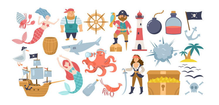 Comic sea adventures elements vector illustrations set. Drawings of pirate and mermaid characters, ship, lighthouse, treasure chest, island, flag on white background. Fairytale, adventure concept