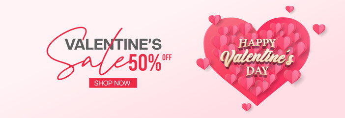 Valentine's day concept banner. Vector illustration. 3d red, pink and green paper hearts with frame on geometric background. Cute love sale banners or greeting cards, mobile apps, web.