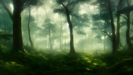 Artwork of a dense foggy forest