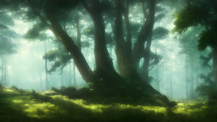 Artwork of a dense foggy forest