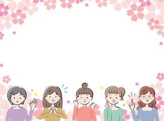 桜とカジュアル姿の若い女性たちのフレーム　笑顔