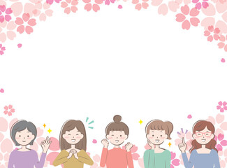桜とカジュアル姿の若い女性たちのフレーム　笑顔