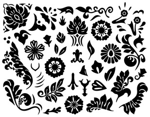 Set of elegant elaborated floral elements with plants, acanthus leaves and various shapes for graphic design, surface patterns, frames, borders, various decorative prettifications and embellishments.