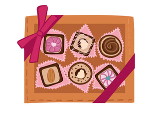 A box of chocolates as a gift. Sweets for Valentine s Day, Mother s Day, and Women s Day. Flat style, vector illustration.