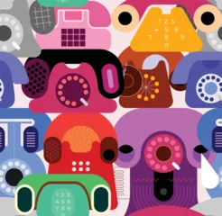 Wandcirkels tuinposter Naadloze achtergrond met verzameling veelkleurige retro telefoons. Vectorontwerp van veel oude vaste telefoons ©  danjazzia