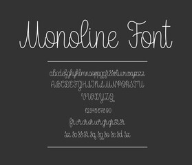 Monoline Script Font. Handwritten English alphabet. Linear Letters and Numbers. Modern calligraphic font.