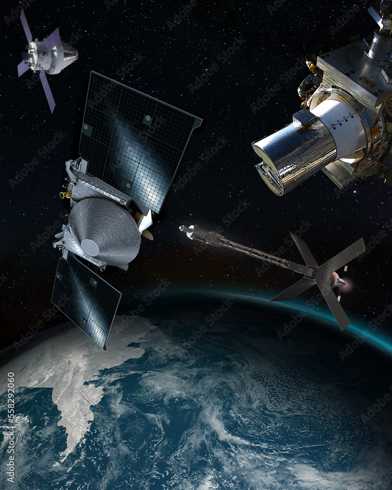 Aufkleber spaceships over the earth. group of different spaceships of variety shapes and sizes from many count