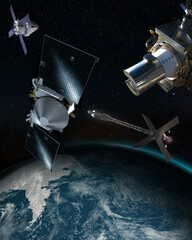Spaceships over the Earth. Group of different spaceships of variety shapes and sizes from many...
