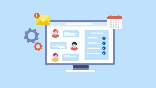 Business people team using project management and collaboration software for workplace on pc screen, online messaging and planning organiser concept.
