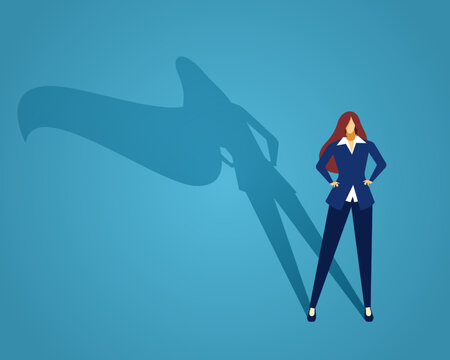 Businesswoman standing with superhero shadow, confident female. Vector of superhero businesswoman, woman power in business, success concept, standing character hero, strength leadership illustration