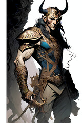 A fantasy board game card/colouring book page: Loki, Viking god of treachery and mischief. AI-generated - obrazy, fototapety, plakaty