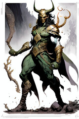 A fantasy board game card/colouring book page: Loki, Viking god of treachery and mischief. AI-generated - obrazy, fototapety, plakaty