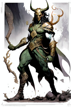 A fantasy board game card/colouring book page: Loki, Viking god of treachery and mischief. AI-generated