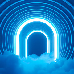 A blue room with clouds and circle neon lights.