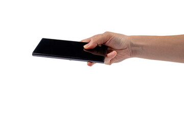 Hand and smartphone and black stylus for writing isolated on transparent background.