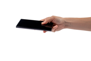 Hand and smartphone and black stylus for writing isolated on transparent background.
