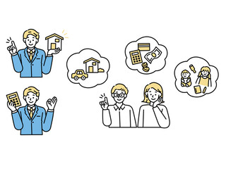 30代夫婦のイラスト(悩む、考える、出産、ローン、家、子供、将来、お金) Illustration of a couple in their 30s.Worry, think, give birth, loan, house, child, future, money.