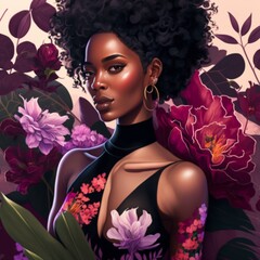  Beautiful Black Woman covered in Flowers, African-American Woman, Black Model, Ai generative