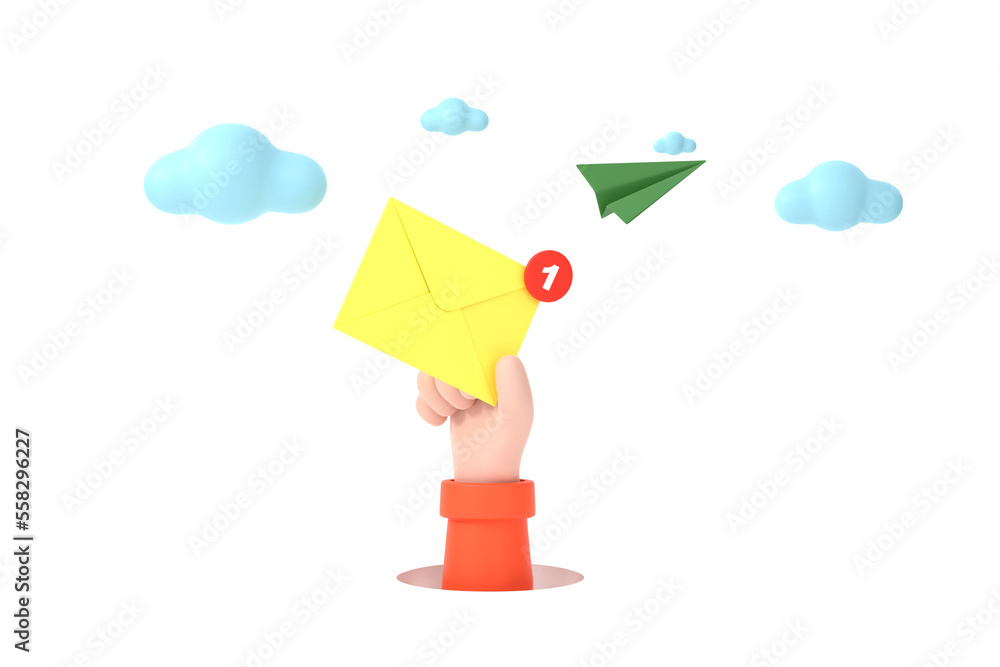 Aufkleber hand hold an envelope of sending notification icon with paper airplane.