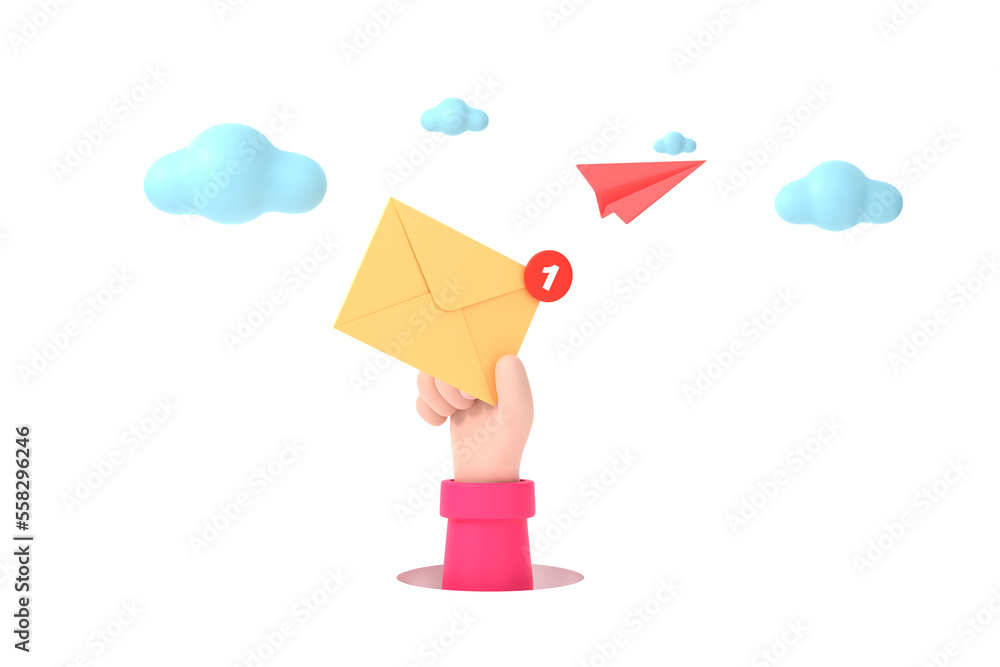 Poster hand hold an envelope of sending notification icon with paper airplane.
