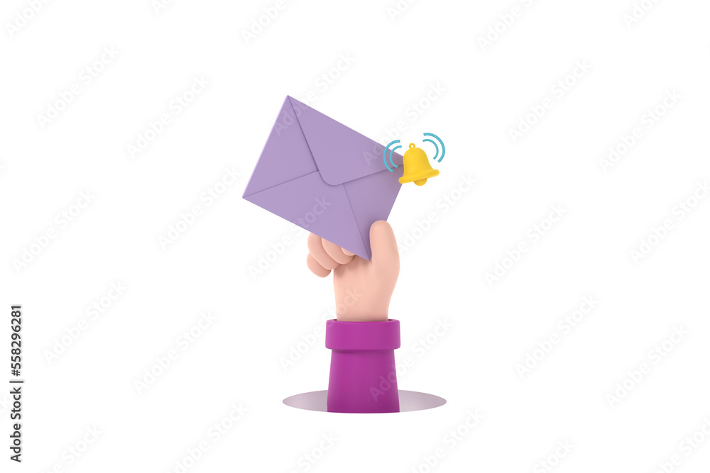 Poster hand hold an envelope of sending notification with email message bell icon.