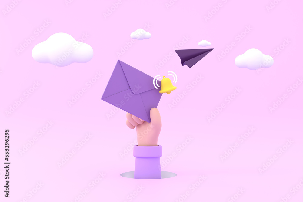 Aufkleber hand hold an envelope and bell of sending notification icon with paper airplane.