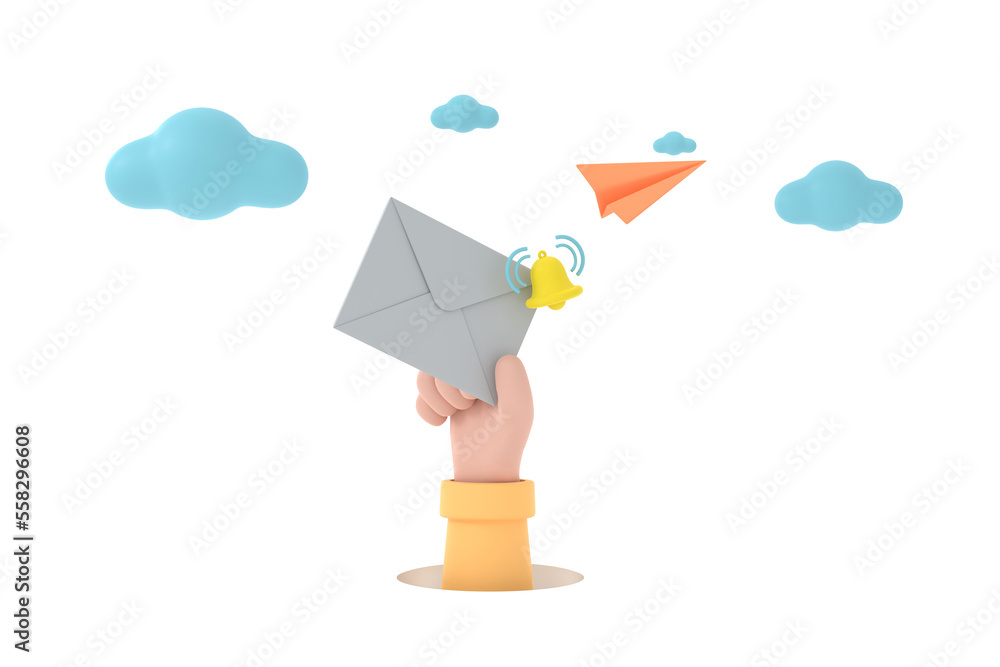 Poster hand hold an envelope and bell of sending notification icon with paper airplane.