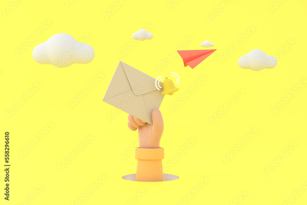 Aufkleber hand hold an envelope and bell of sending notification icon with paper airplane.