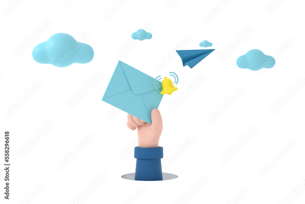 Poster hand hold an envelope and bell of sending notification icon with paper airplane.