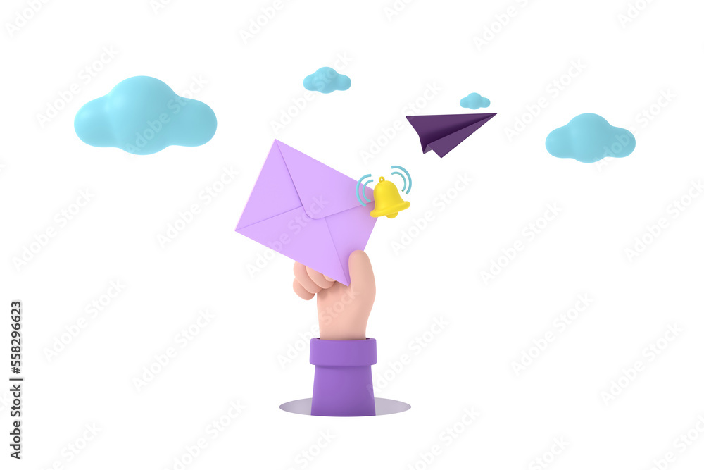 Poster hand hold an envelope and bell of sending notification icon with paper airplane.