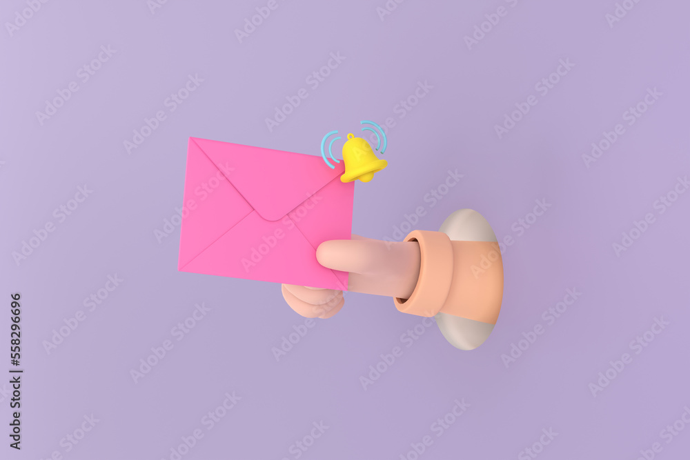 Poster hand hold an envelope of sending notification with email message bell icon.