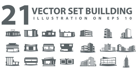 21 vector set of City silhouette in flat style. Modern urban landscape. Vector illustration. City skyscrapers building office, mall, hospital skyline on white background