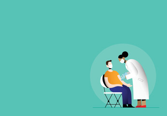 COVID-19 coronavirus vaccination international campaign. Vaccine treatment against covid. Woman doctor holding a syringe vaccinating a young man patient. Flat vector illustration. Vaccine inoculation.