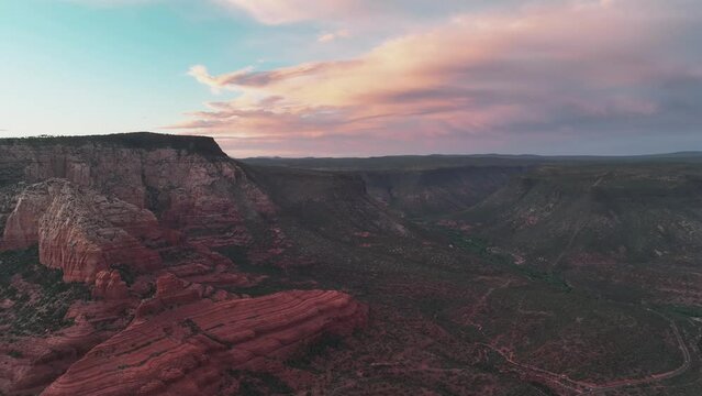 Eroded And Layered Earth Rocks Outside Sedona In Arizona. Aerial Wide Shot