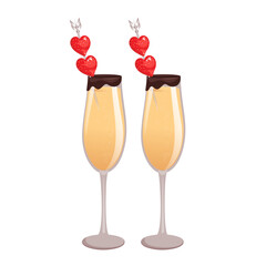Champagne with strawberries in the shape of a heart.A festive cocktail for a wedding, Valentine's day.Vector illustration.
