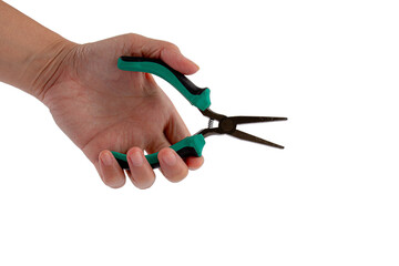 hand holding pliers isolated on the transparent background